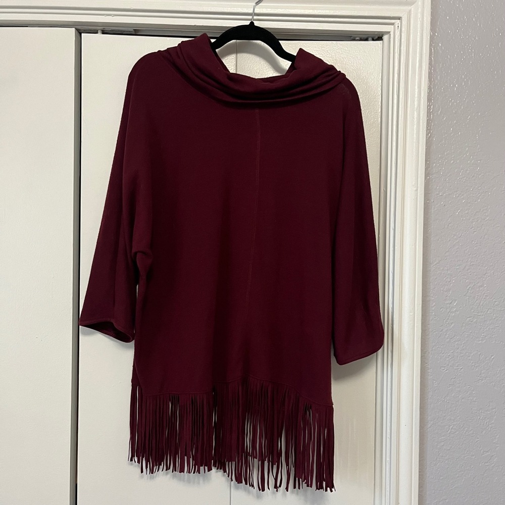 Terre Bleue‎ Burgundy Cowl Neck 3/4 Sleeve Fringe Tunic Top Women's XL